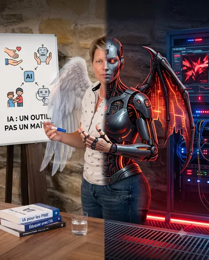 Visuel de l'atelier IA, un outil, pas un maître : Cécile Simonin mi-humaine, mi-machine, entre l'ange et le cyborg